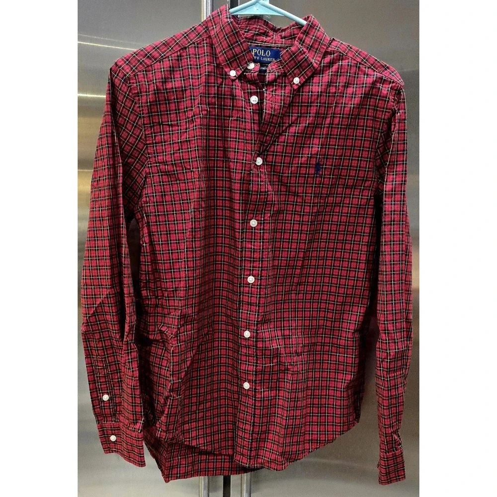 Ralph Lauren‎ Button-Down Boys Shirt Sz 18/20 Red Plaid Cotton Long Sleeve Xmas